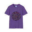 A close-up image of a softstyle t-shirt featuring a vibrant, handcrafted mandala art design