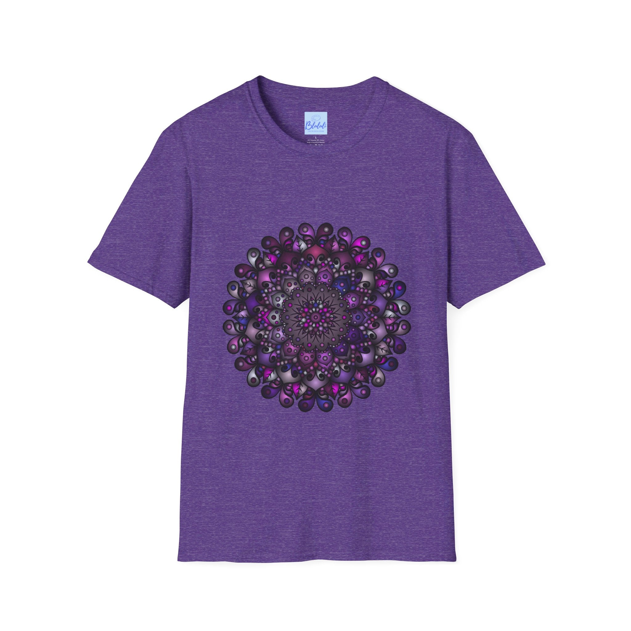 A close-up image of a softstyle t-shirt featuring a vibrant, handcrafted mandala art design