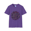 A close-up image of a softstyle t-shirt featuring a vibrant, handcrafted mandala art design