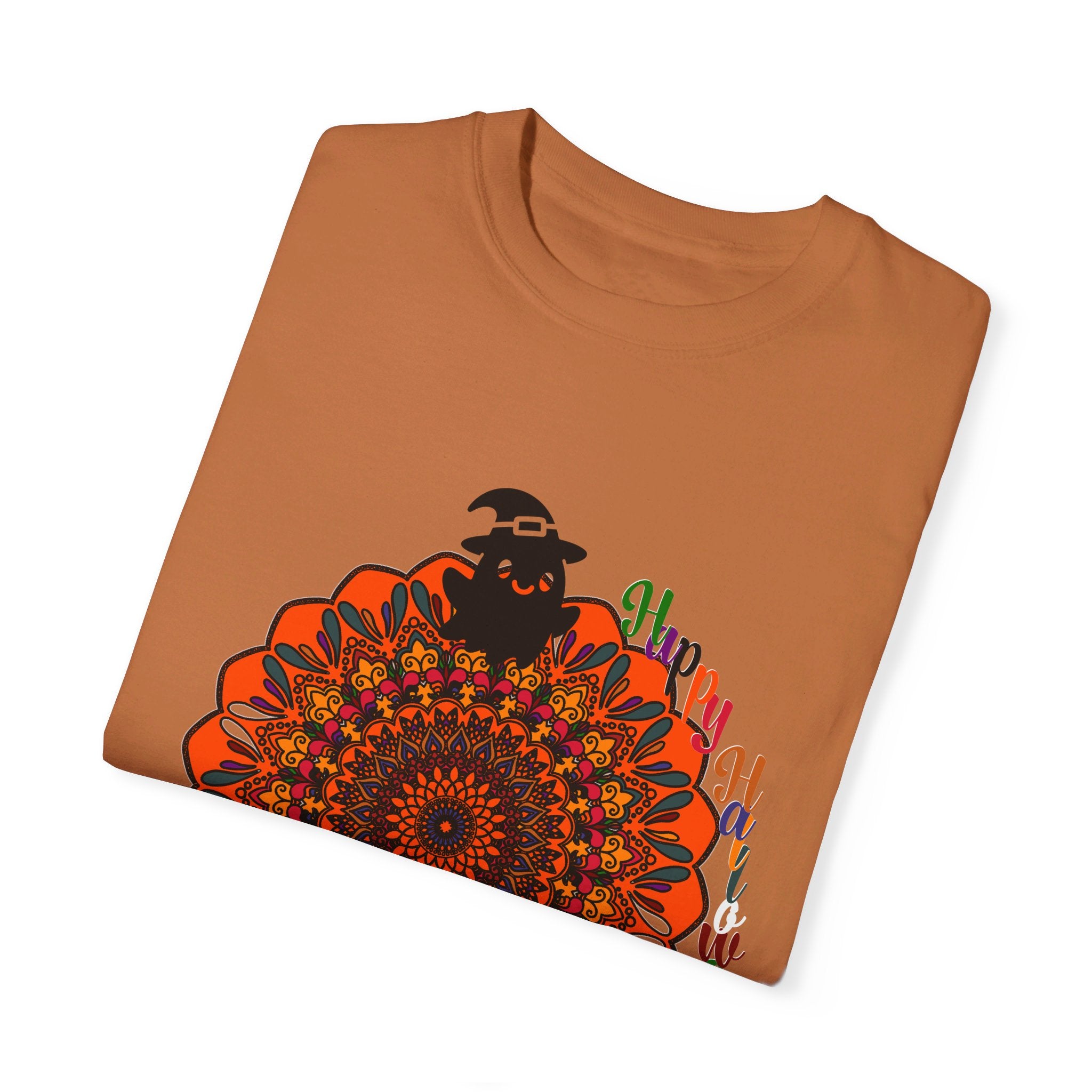 Unisex Halloween Mandala T-shirt featuring a handmade pumpkin mandala design, on a garment-dyed tee, perfect for the spooky season