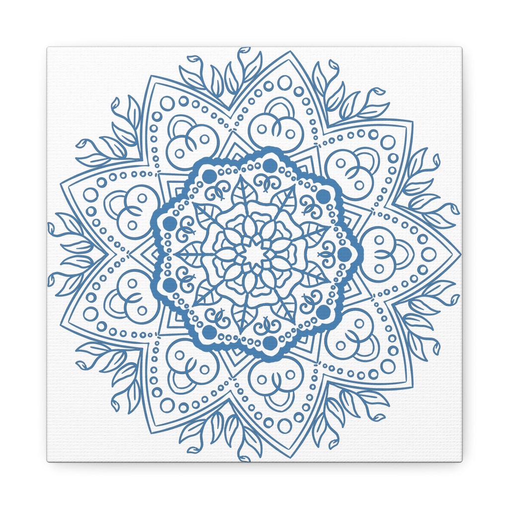 Handmade Mandala Art featuring a Steel Blue Mandala Design on Matte Canvas, Stretched to 125 inches for wall display