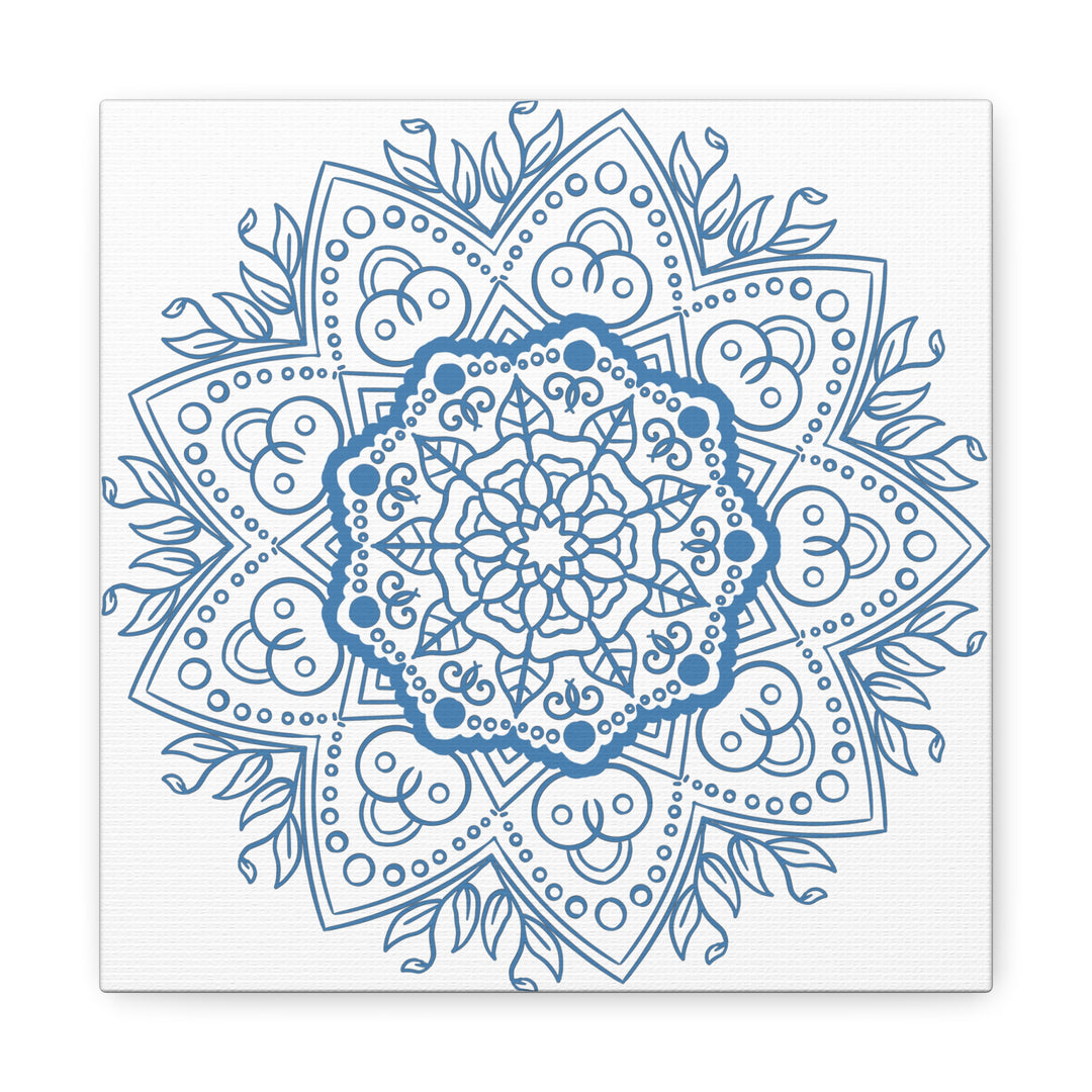 Handmade Mandala Art featuring a Steel Blue Mandala Design on Matte Canvas, Stretched to 125 inches for wall display