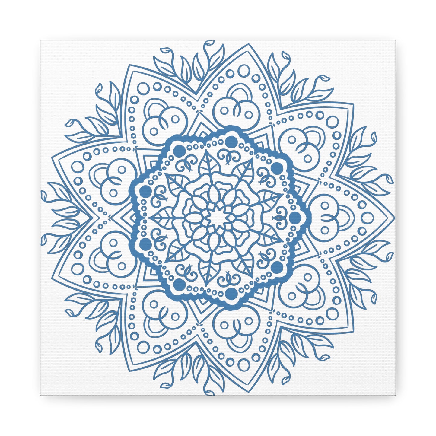 Handmade Mandala Art featuring a Steel Blue Mandala Design on Matte Canvas, Stretched to 125 inches for wall display