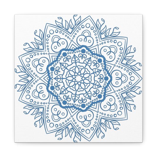 Handmade Mandala Art featuring a Steel Blue Mandala Design on Matte Canvas, Stretched to 125 inches for wall display