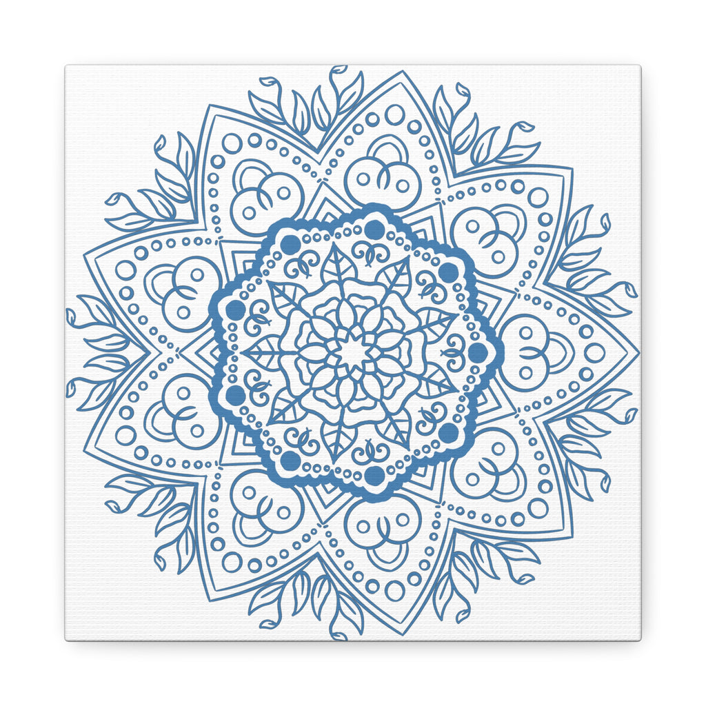 Handmade Mandala Art featuring a Steel Blue Mandala Design on Matte Canvas, Stretched to 125 inches for wall display