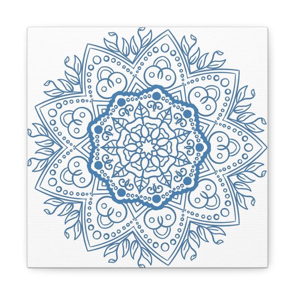 Handmade Mandala Art featuring a Steel Blue Mandala Design on Matte Canvas, Stretched to 125 inches for wall display