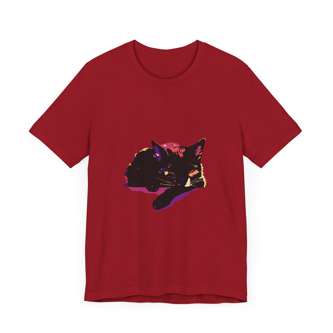 Black Cat Mystery - Colorful Sleep T-Shirt featuring a whimsical black cat design in vibrant colors perfect for lounging and snoozing in style