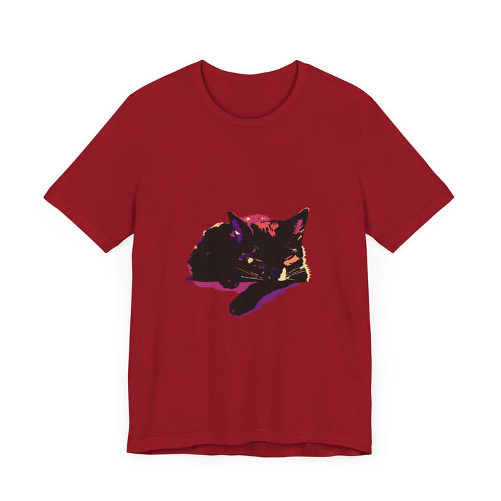 Black Cat Mystery - Colorful Sleep T-Shirt featuring a whimsical black cat design in vibrant colors perfect for lounging and snoozing in style