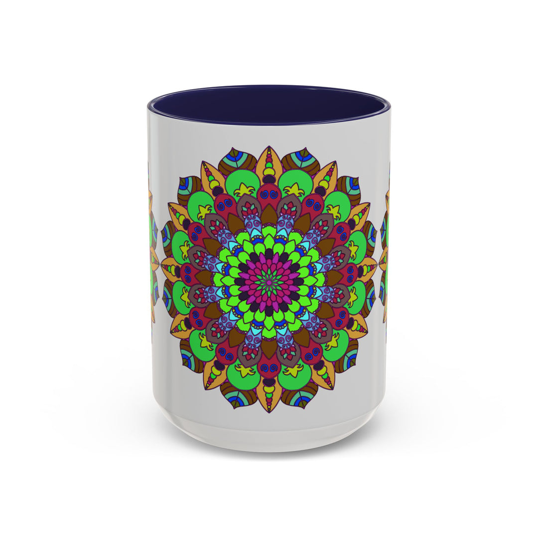 Colorful ceramic mug with a vibrant floral mandala art design