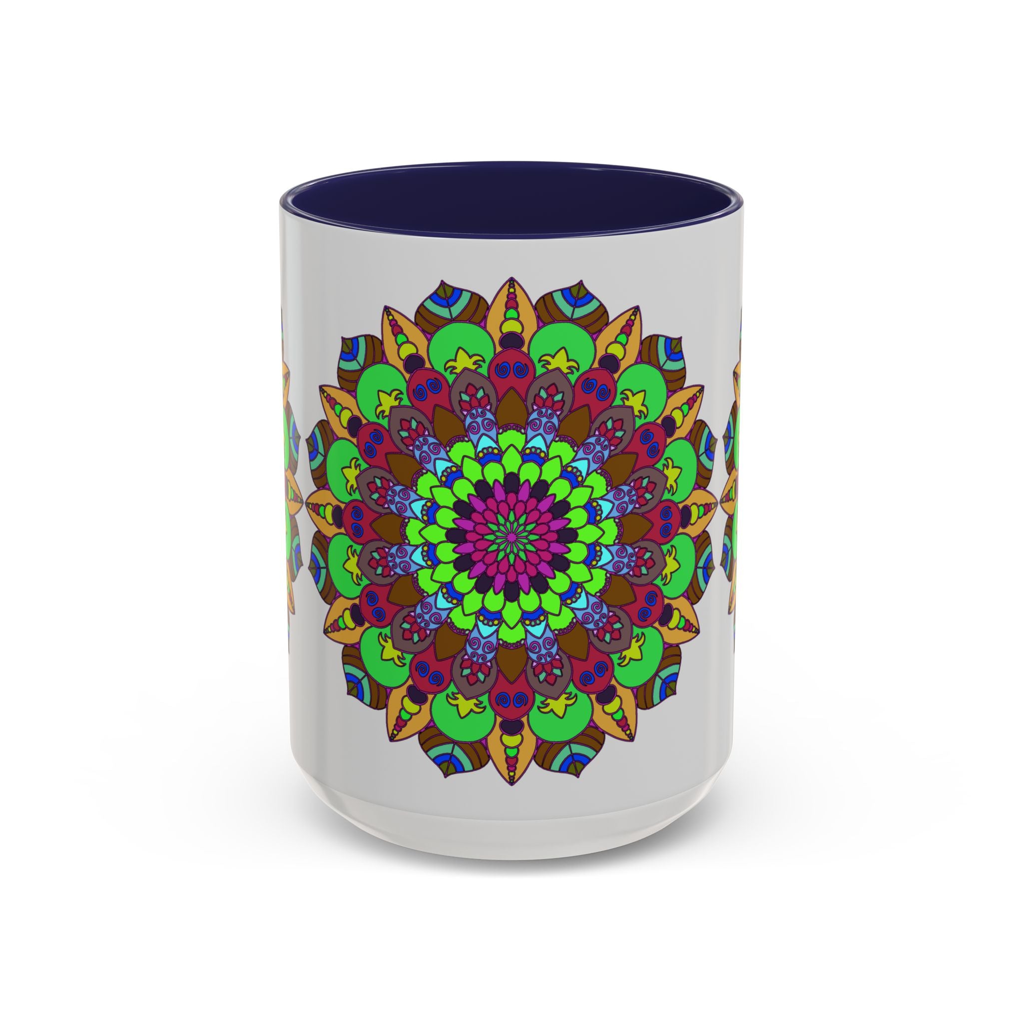 Colorful ceramic mug with a vibrant floral mandala art design