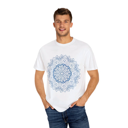 Handmade unisex t-shirt with a unique mandala design, created by hand and garment-dyed for a one-of-a-kind look and feel