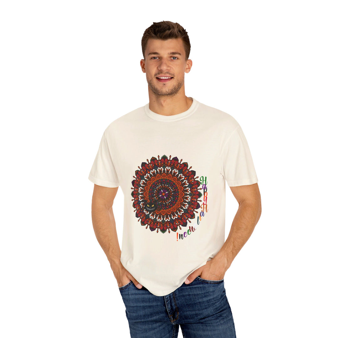 Handmade unisex Halloween mandala t-shirt featuring intricate pumpkin mandala art on a garment-dyed tee