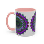 Colorful mandala design on ceramic mug with intricate spiritual art