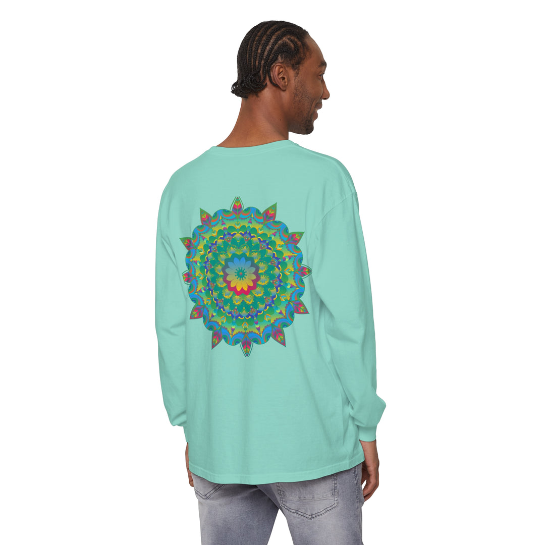 Colorful and vibrant long sleeve t-shirt featuring a psychedelic mandala design