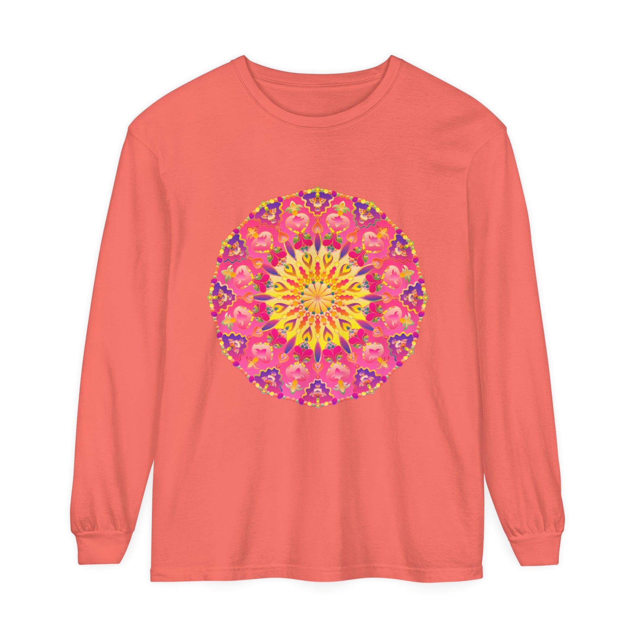 Colorful unisex long sleeve T-shirt with vibrant mandala design and intricate patterns