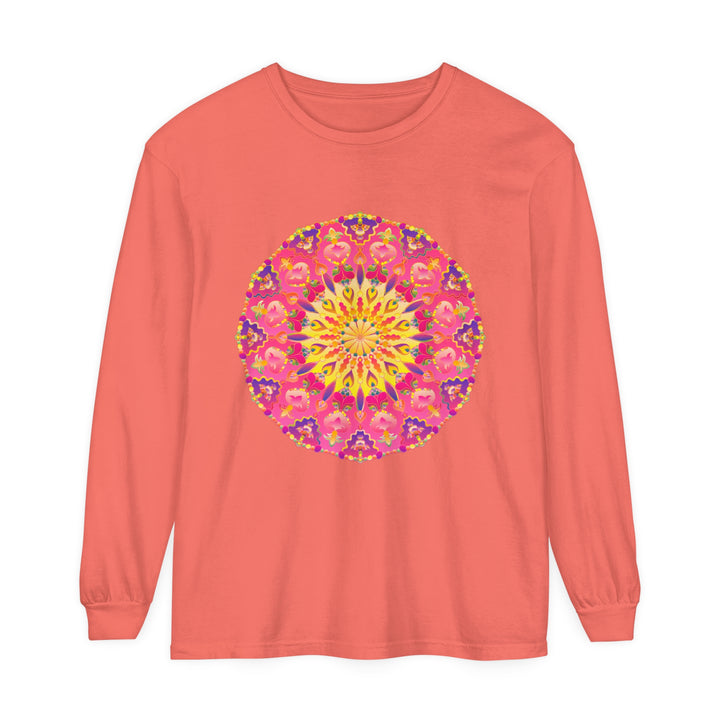 Colorful unisex long sleeve T-shirt with vibrant mandala design and intricate patterns