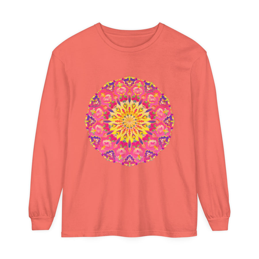 Colorful unisex long sleeve T-shirt with vibrant mandala design and intricate patterns