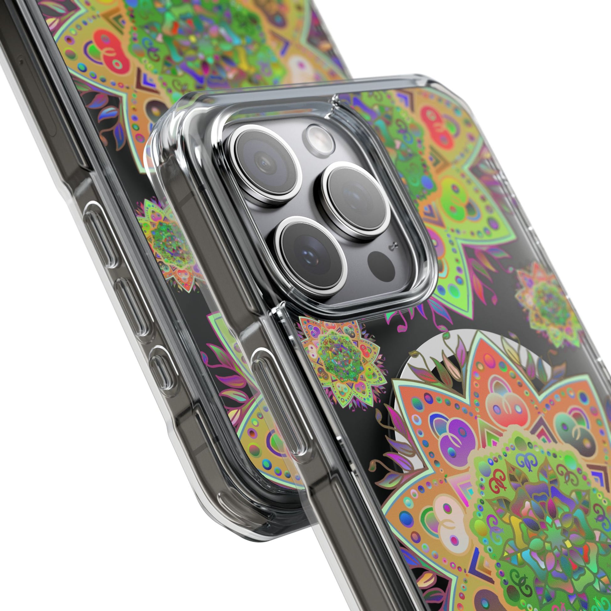 Elegant and durable iPhone 14/15 impact case with floral mandala pattern