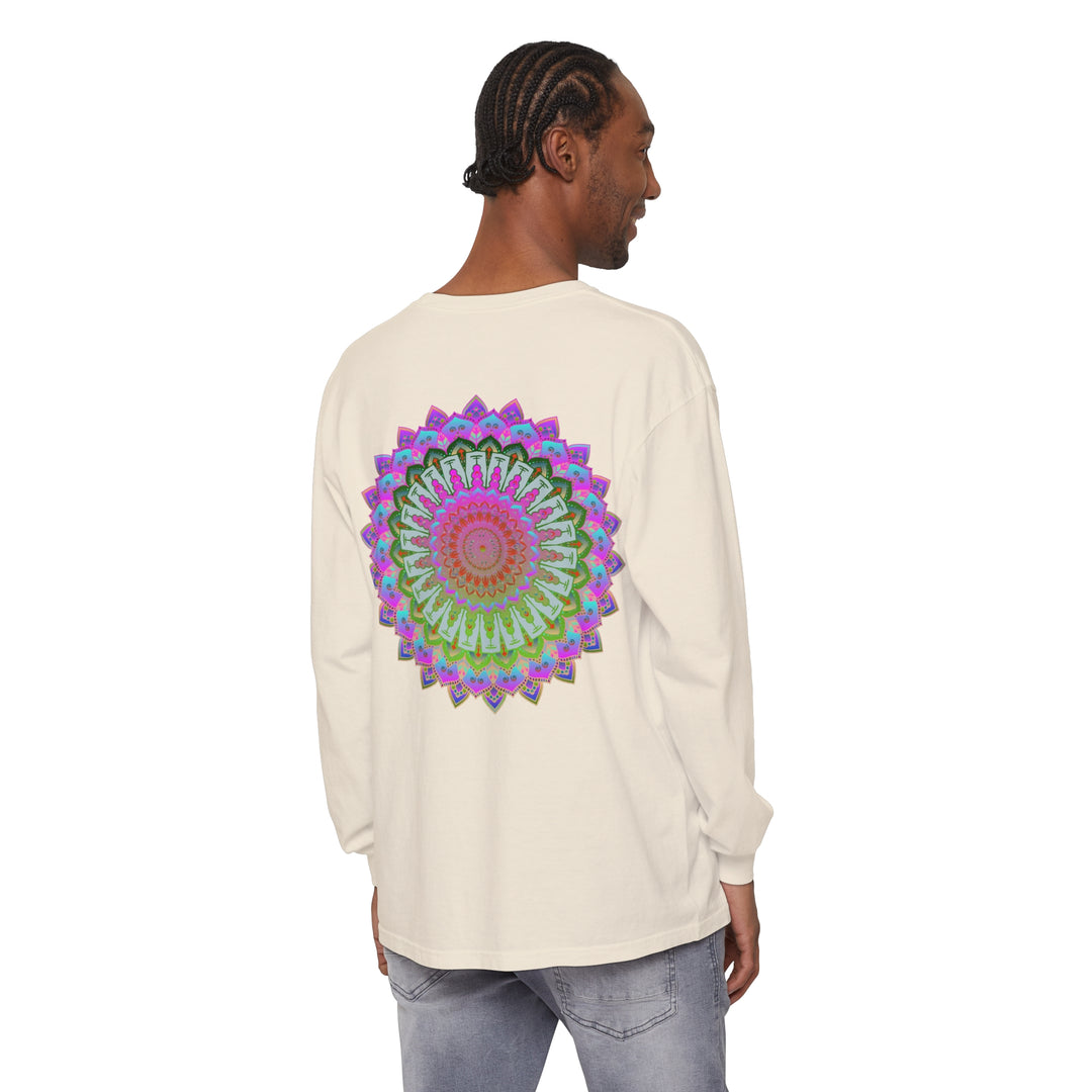 Vibrant Mandala Unisex Long Sleeve T-Shirt featuring intricate, colorful mandala design