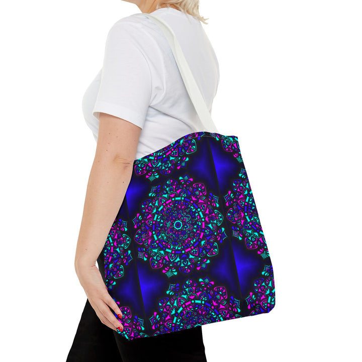 Kaleidoscope Mandala Tote Bag — Vibrant Neon Floral Pattern