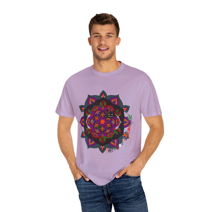 Unisex Halloween t-shirt featuring a handmade mandala design in vibrant colors