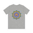 A beautiful and colorful t-shirt featuring a vibrant mandala design symbolizing spiritual peace and harmony