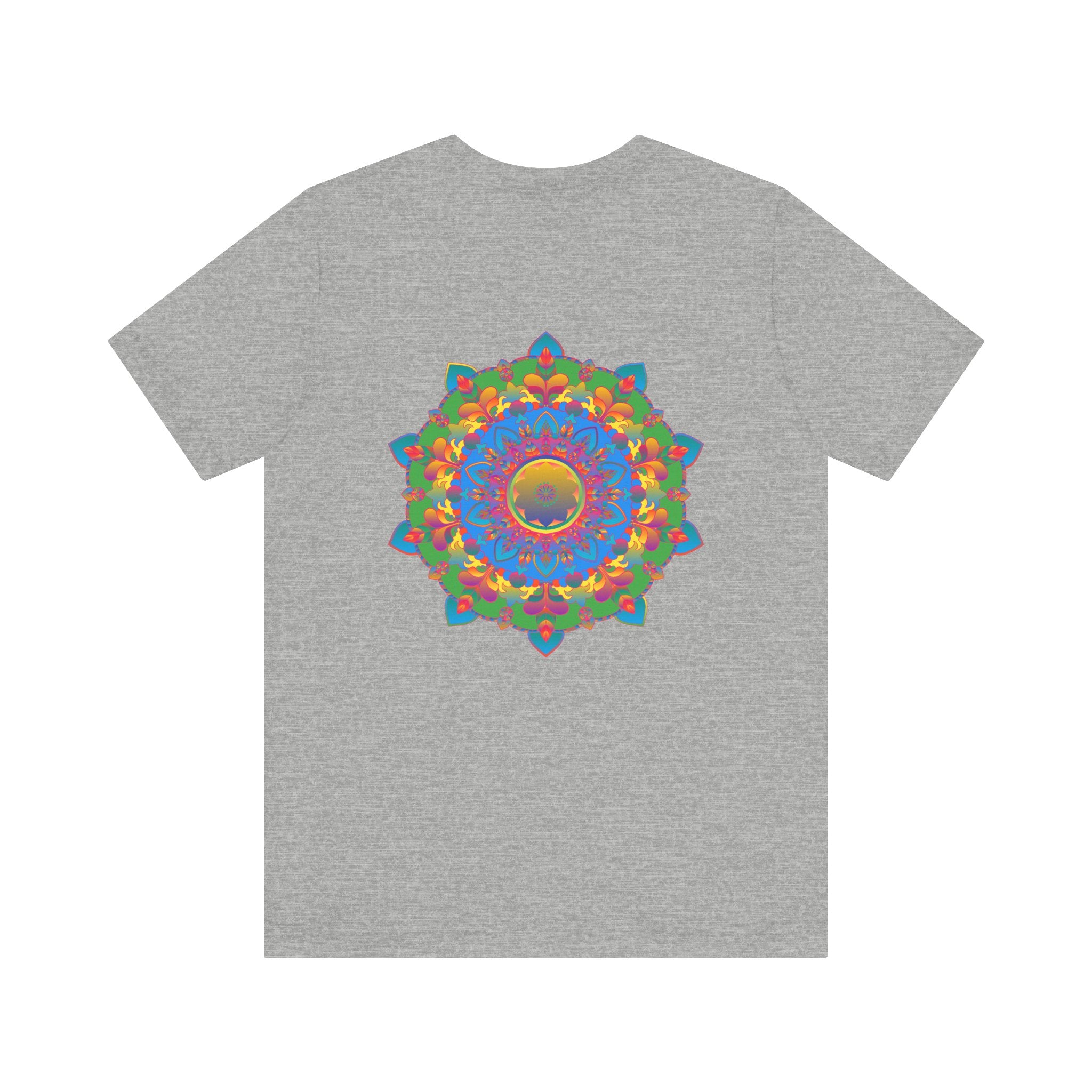 A beautiful and colorful t-shirt featuring a vibrant mandala design symbolizing spiritual peace and harmony