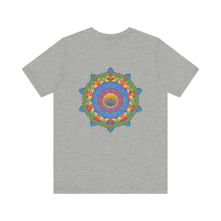 A beautiful and colorful t-shirt featuring a vibrant mandala design symbolizing spiritual peace and harmony