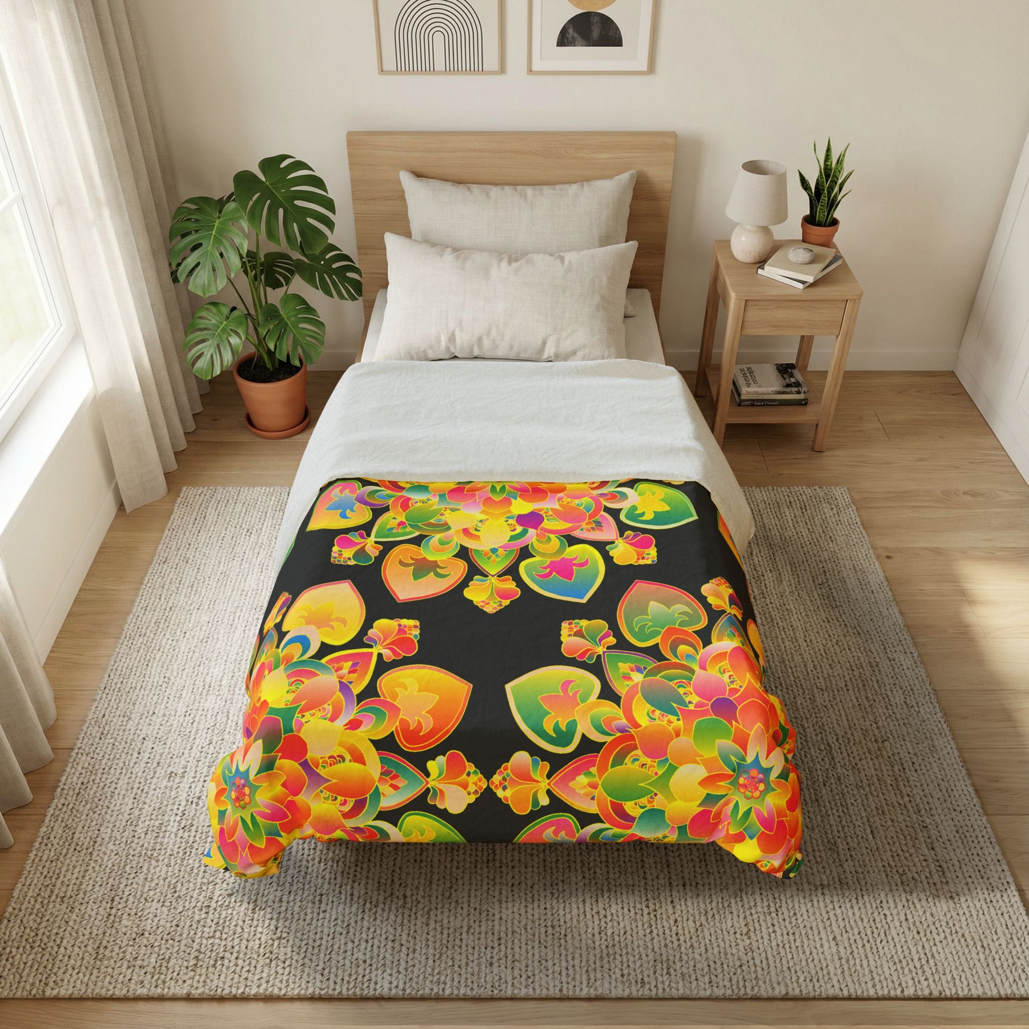 Copripiumino in cotone con motivo mandala floreale boho — Cuori arcobaleno vivaci su nero