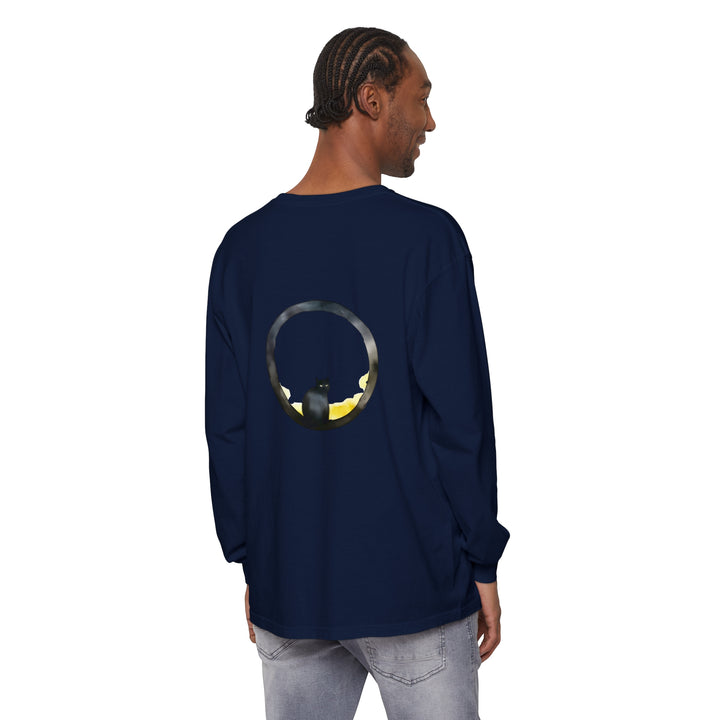 Black Cat Moon Glow Long Sleeve T-Shirt, a black shirt with a glowing moon and cat design