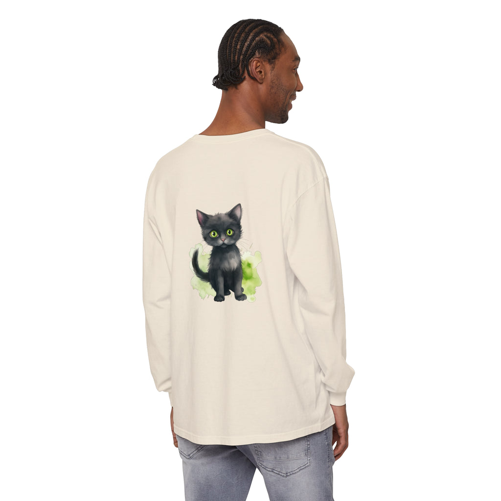 Black Cat Watercolor Long Sleeve T-Shirt - Women's Fashion Apparel with Unique Cat Design in Watercolor Art Style