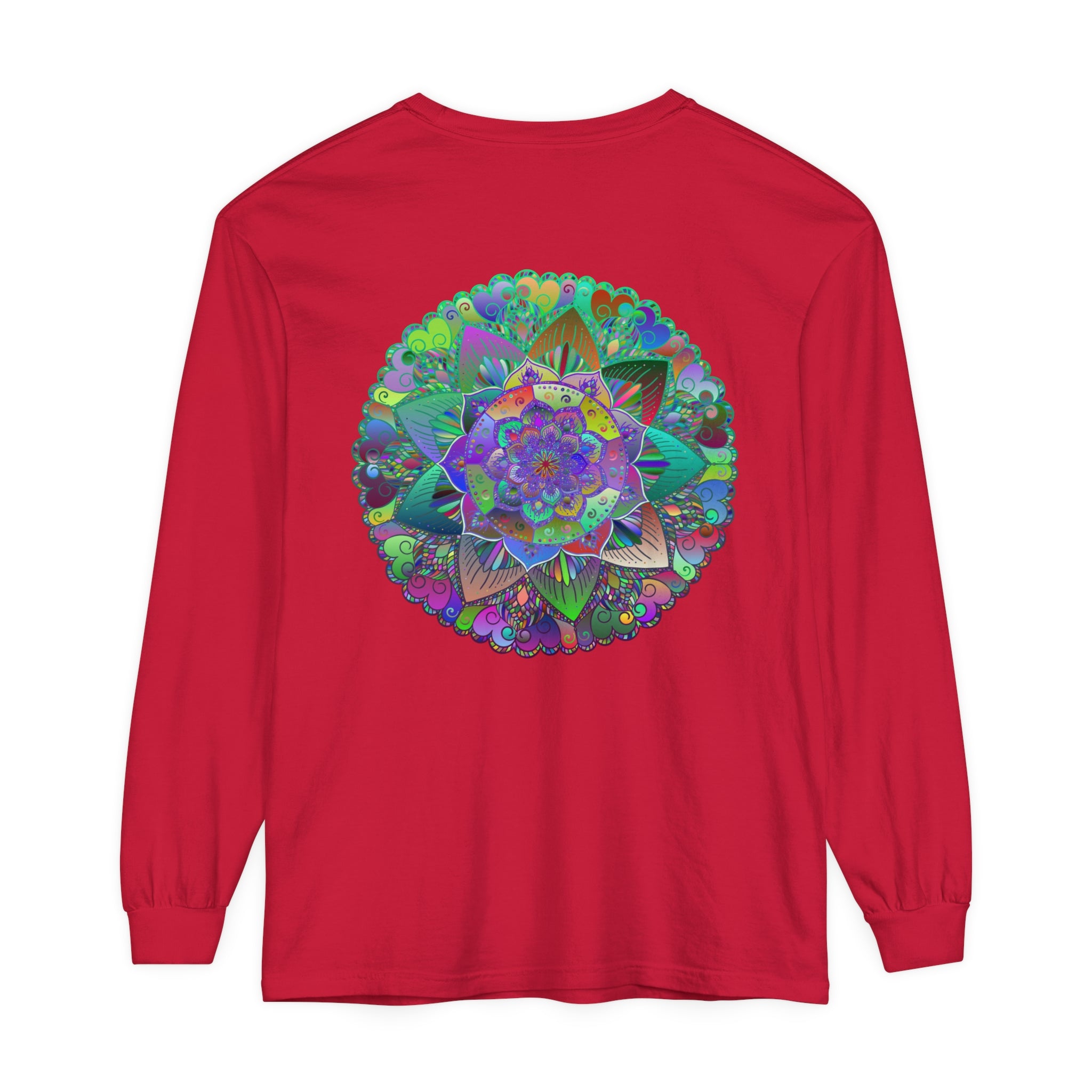 Colorful and intricate mandala design on a long sleeve unisex t-shirt