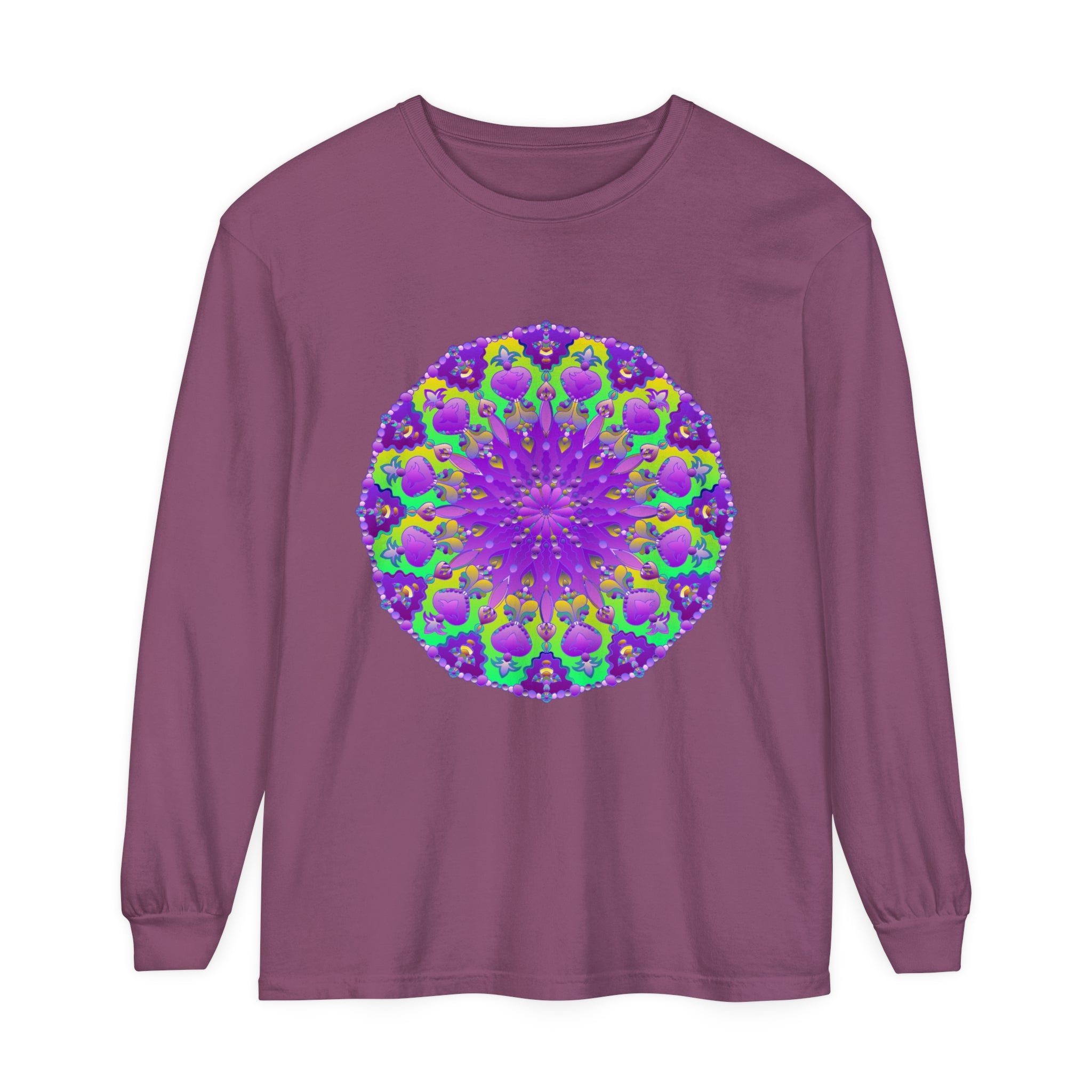 Vibrant purple and green mandala design long sleeve t-shirt for women