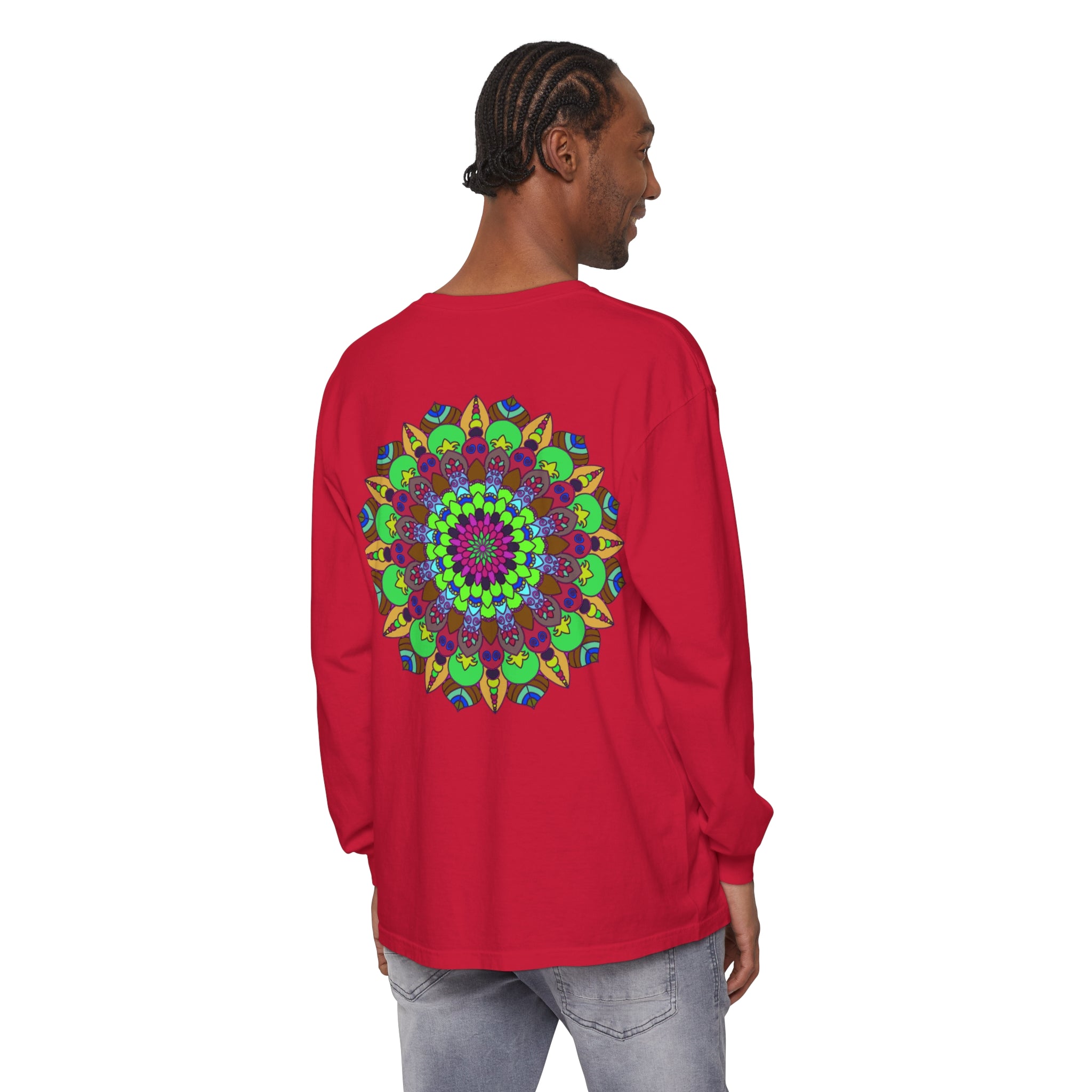 Vibrant and intricate mandala design long sleeve unisex t-shirt in various colors