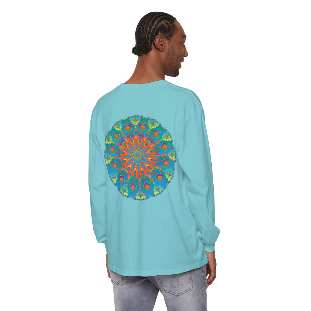 Colorful long sleeve t-shirt featuring a beautiful rainbow mandala design