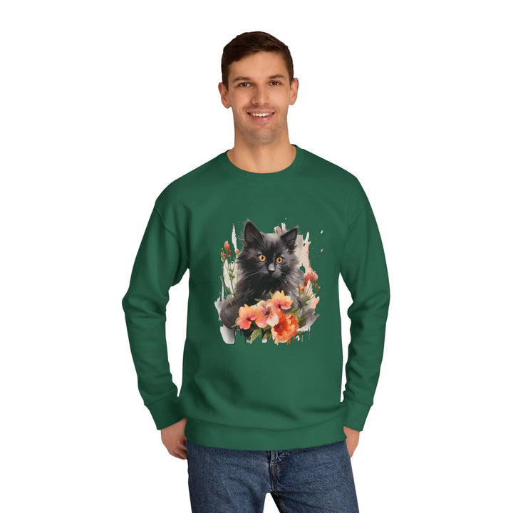 Black Cat and Blossoming Flowers Soft Cotton Sweatshirt