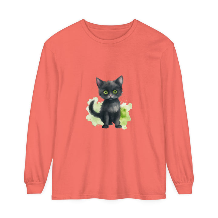 Black Cat Watercolor Long Sleeve T-Shirt featuring a realistic watercolor design