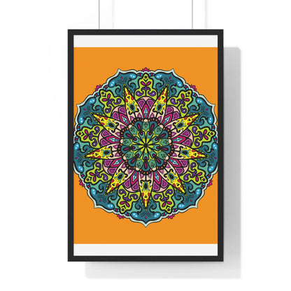 Vertical framed poster featuring a hand-drawn orange mandala art, perfect for mindfulness and yoga decor