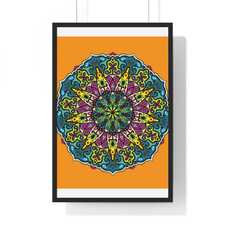 Vertical framed poster featuring a hand-drawn orange mandala art, perfect for mindfulness and yoga decor