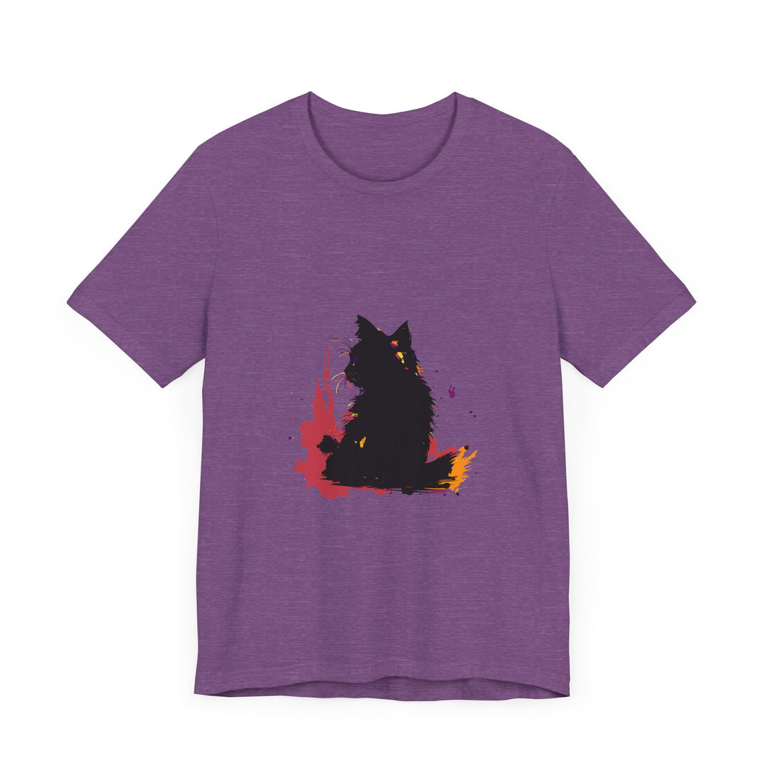 Black Cat Mystery T-Shirt featuring colorful splatter art design on black fabric