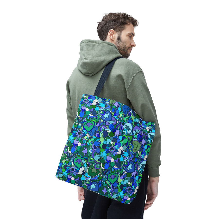 Blue Green Floral Mandala Tote Bag — Vibrant All-Over-Print Shopper