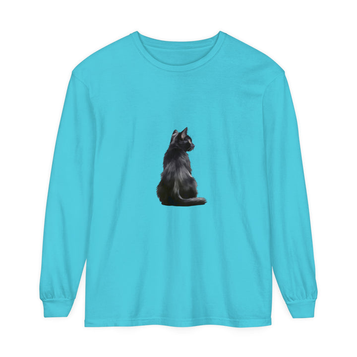 Black Cat Mystique Long Sleeve T-Shirt with intricate cat design on black background