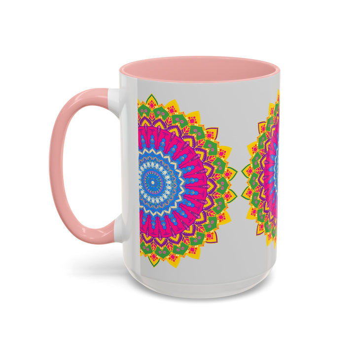 Vibrant and intricate mandala art mug featuring a colorful geometric design