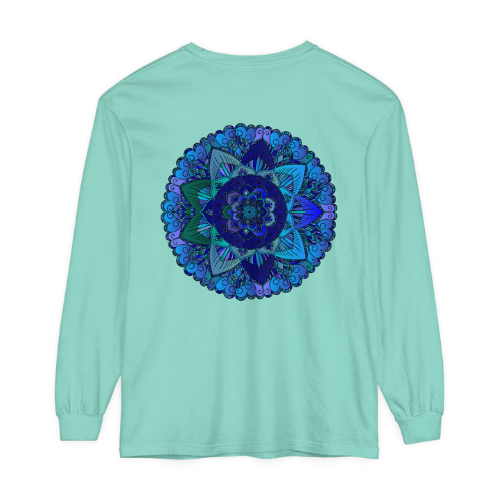 Dark blue and green mandala long sleeve t-shirt featuring intricate floral design