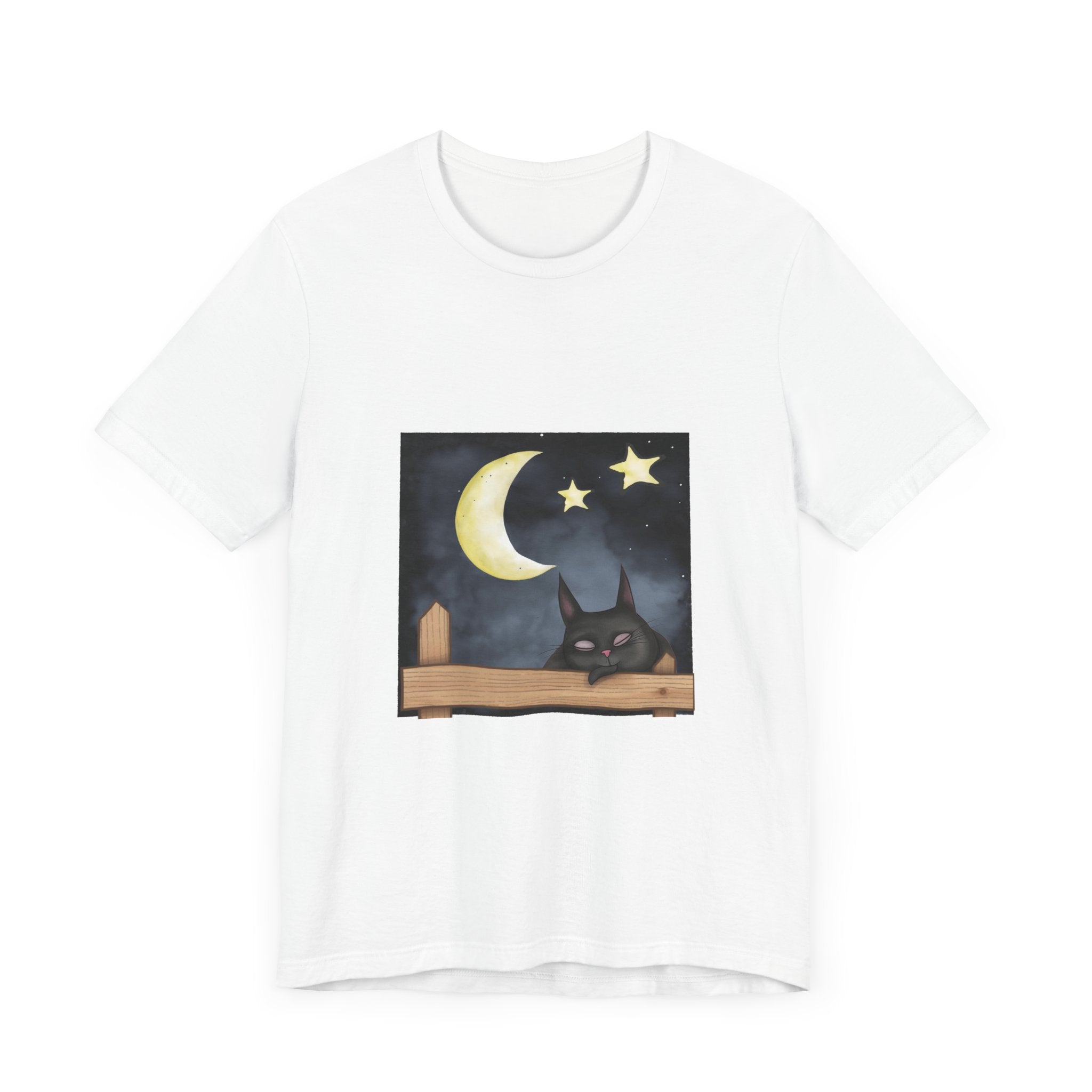 A cozy and comfortable Sleepy Cat Moonlit Night T-Shirt featuring a cute cat sleeping under the moon and stars