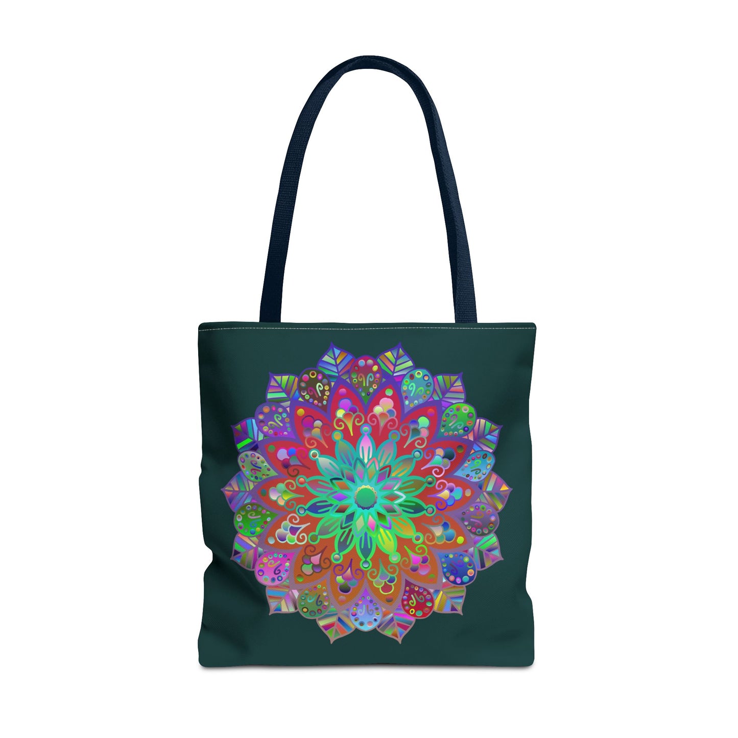 Dark green tote bag with a colorful mandala design, perfect for carrying all your essentials in style