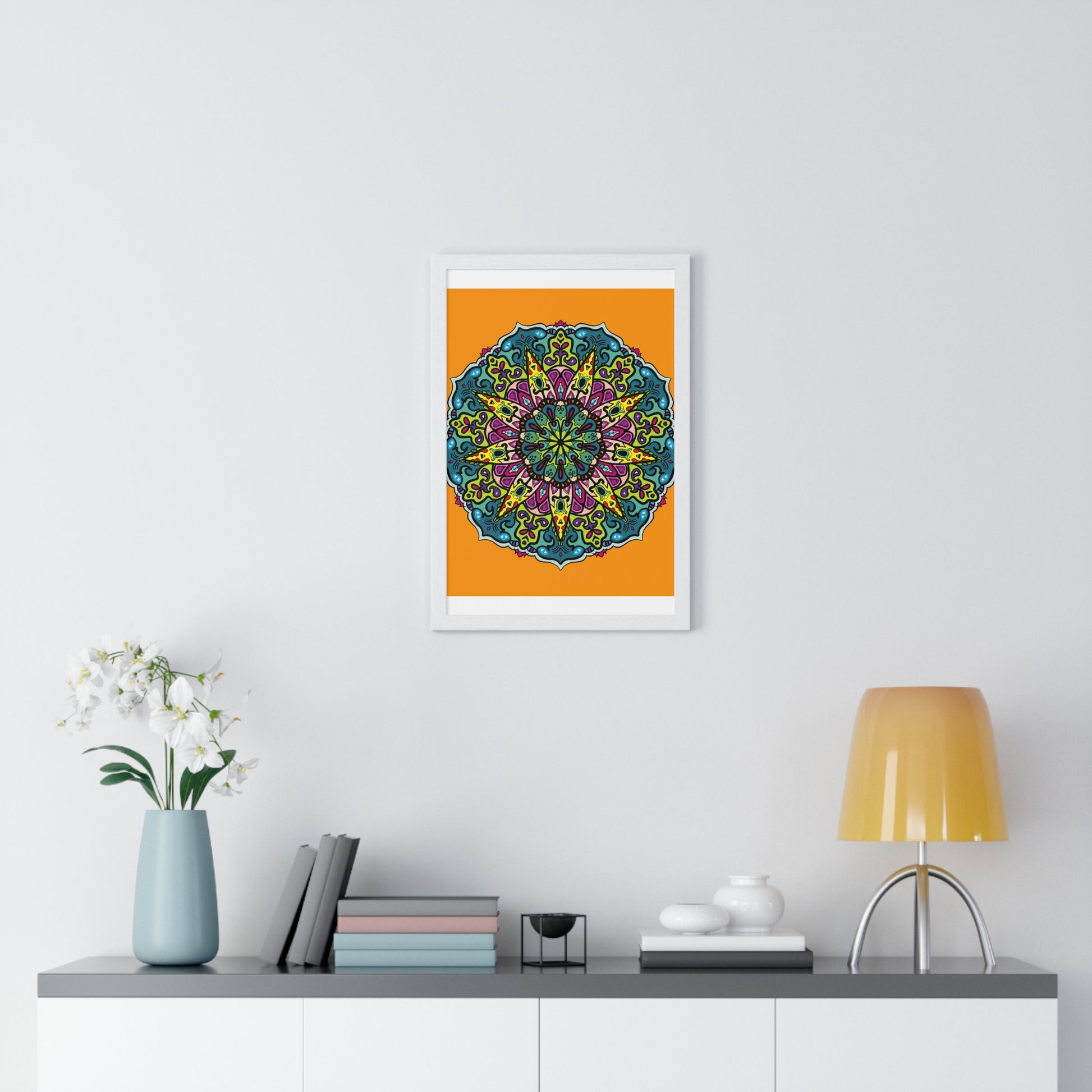 Bright orange mandala art print framed vertically for mindfulness and relaxation