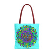 Vibrant and intricately designed mandala art tote bag with a colorful and eye-catching pattern, perfect for carrying your essentials in style