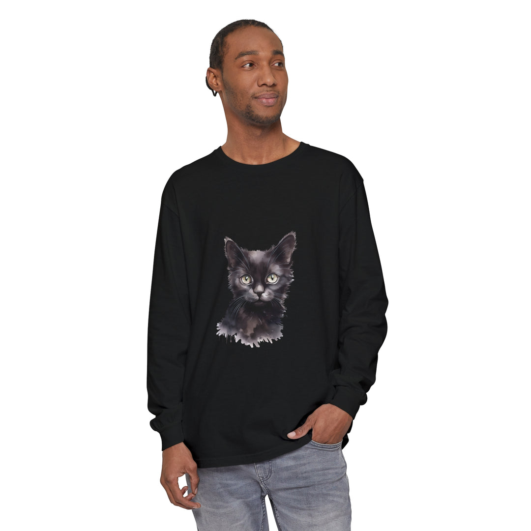 Black Cat Watercolor Long Sleeve T-Shirt with a colorful, realistic watercolor print of a black cat on a comfortable, high-quality long sleeve shirt