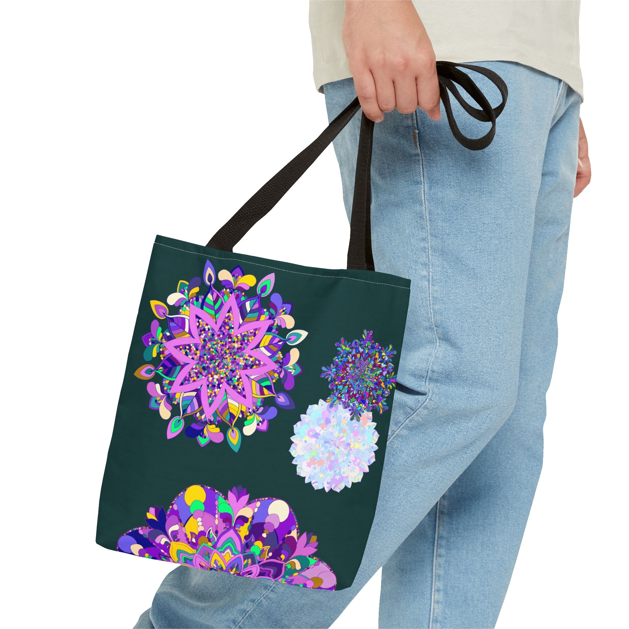 A vibrant and colorful mandala tote bag with intricate patterns and designs